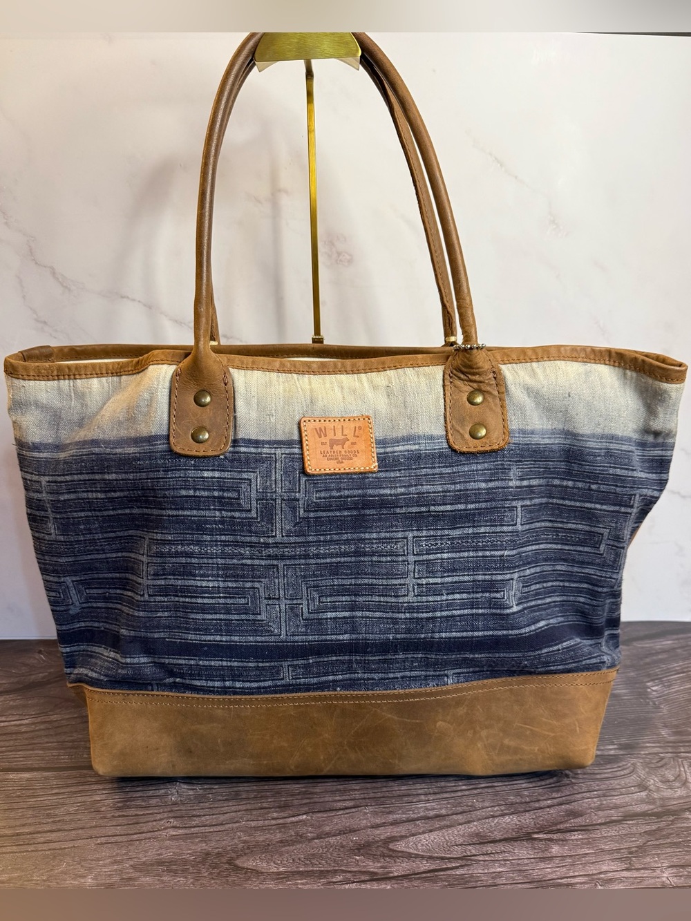 WILL Leather Goods Indigo Textile Leather Large Tote Bag Brown